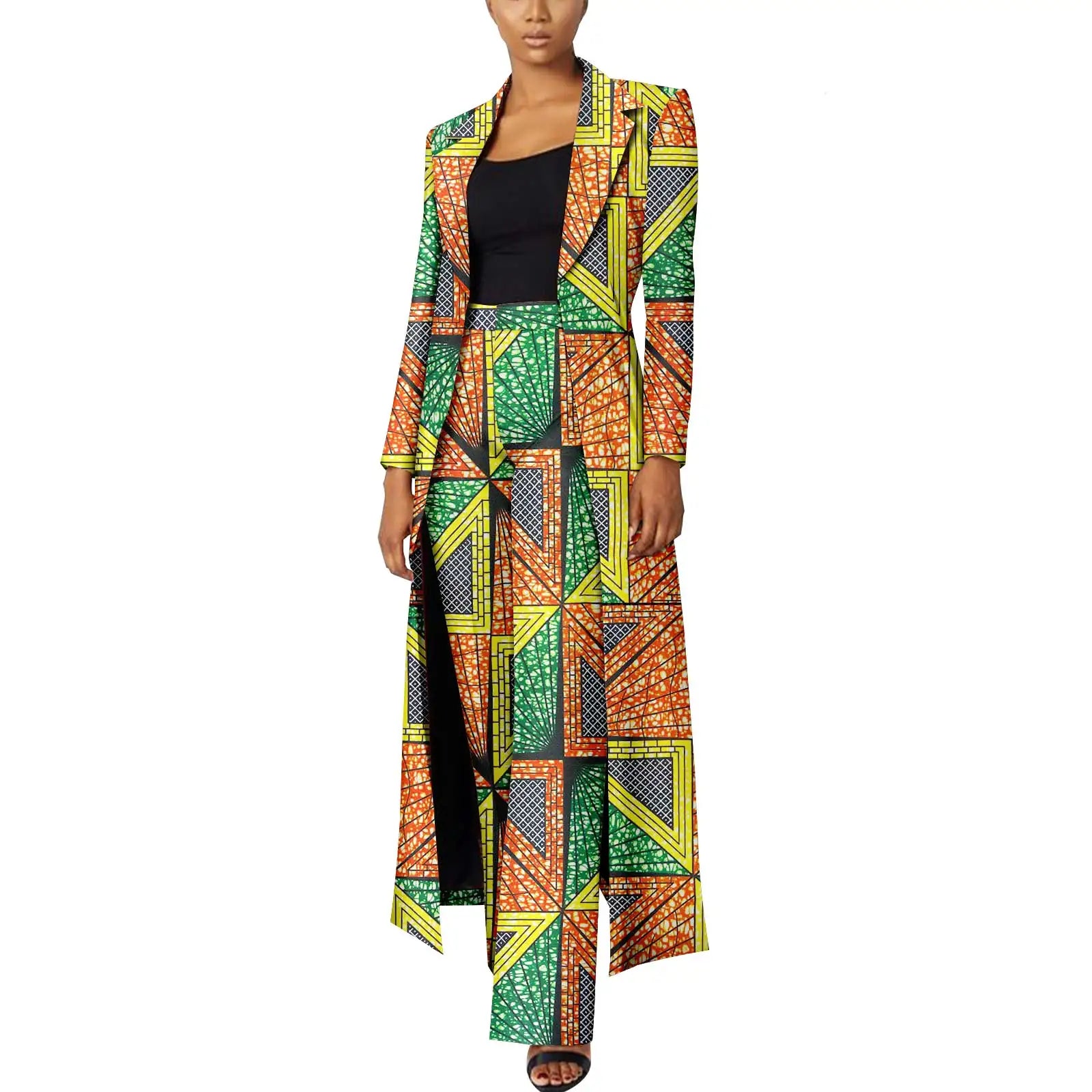 Elegant African Print Two-Piece Suit: Long Tailored Jacket &amp; Wide Leg Pants - Ankara