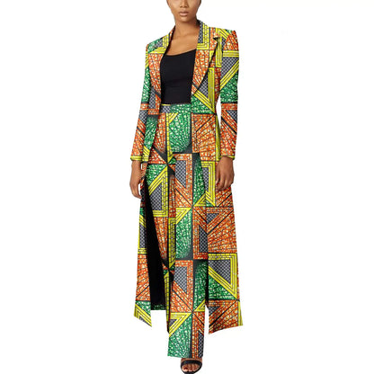 Elegant African Print Two-Piece Suit: Long Tailored Jacket &amp; Wide Leg Pants - Ankara