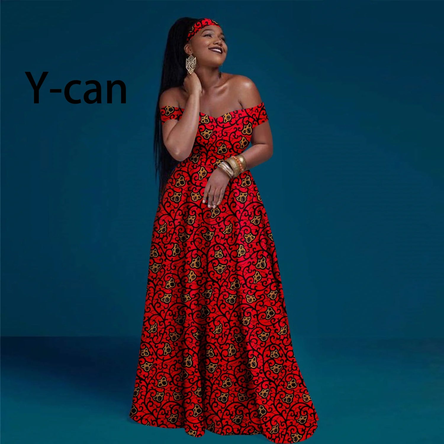 A-line African Dress Off Shoulder Sleeveless Gown with Headwrap