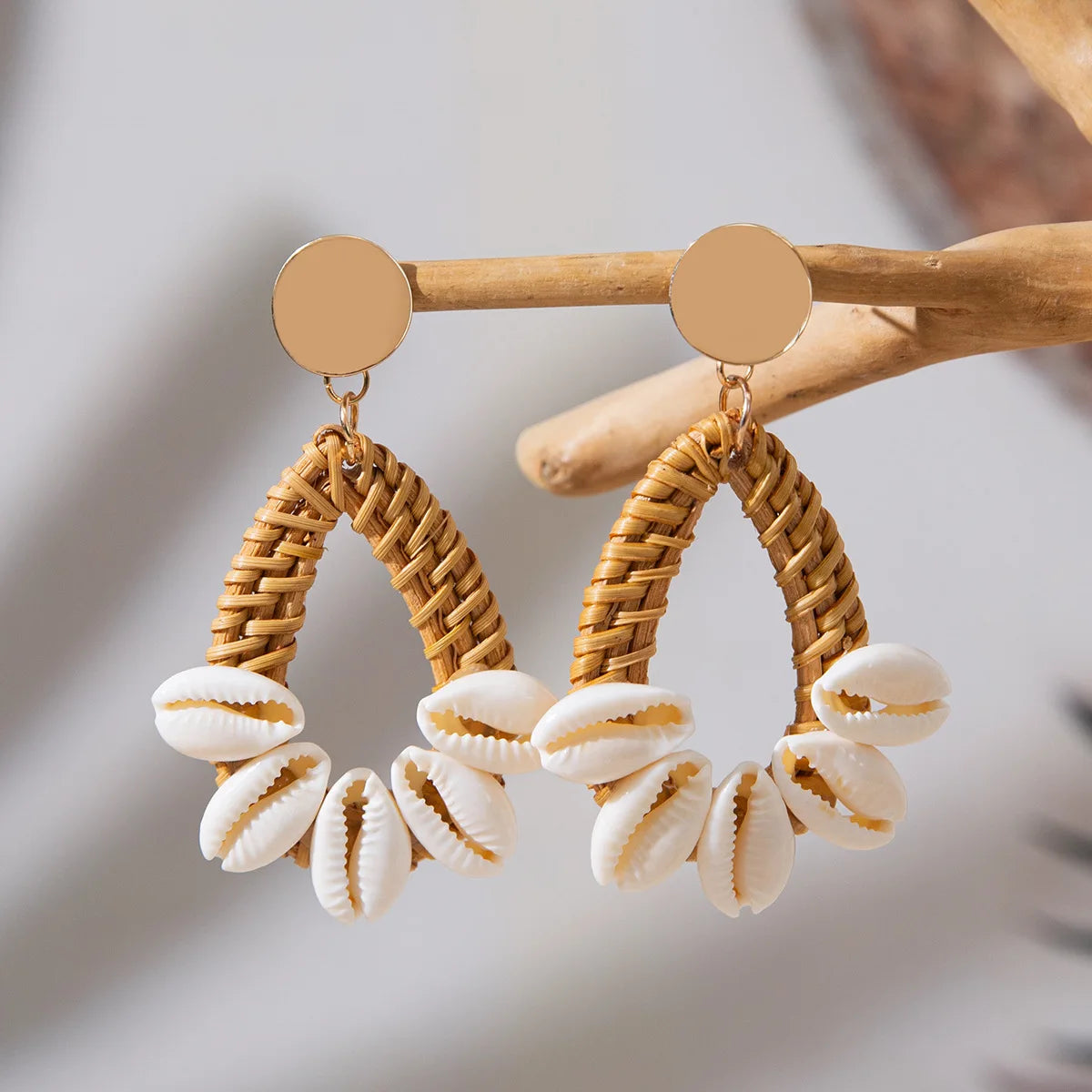 Handmade Rattan &amp; Cowrie Shell Drop Earrings | Boho Beach Statement Jewelry | Natural Woven Wicker Dangle Earrings with Wood Beads