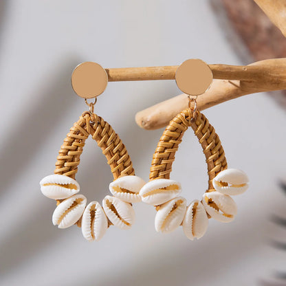 Handmade Rattan &amp; Cowrie Shell Drop Earrings | Boho Beach Statement Jewelry | Natural Woven Wicker Dangle Earrings with Wood Beads