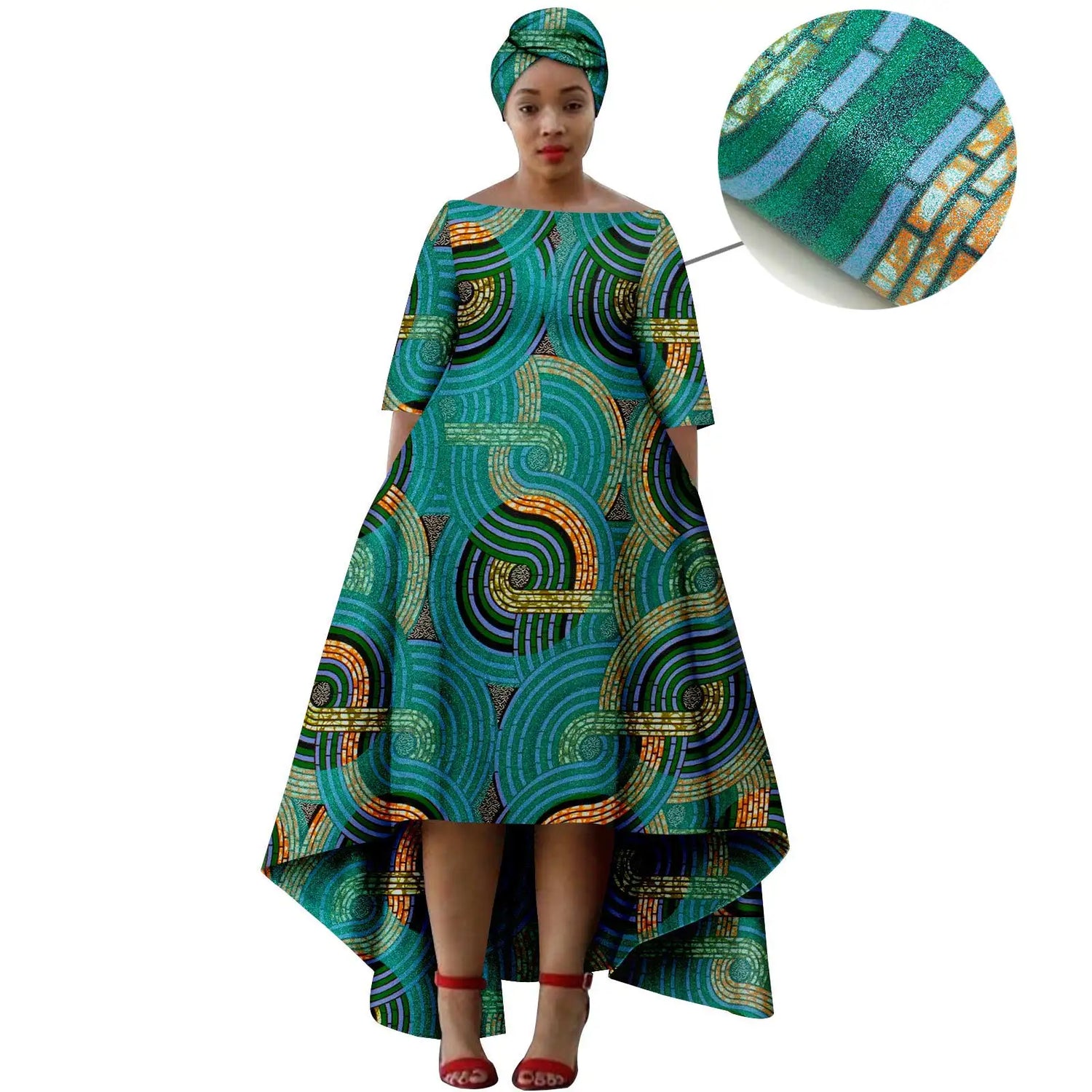 Elegant Dashiki Print High-Low Dress with Turban