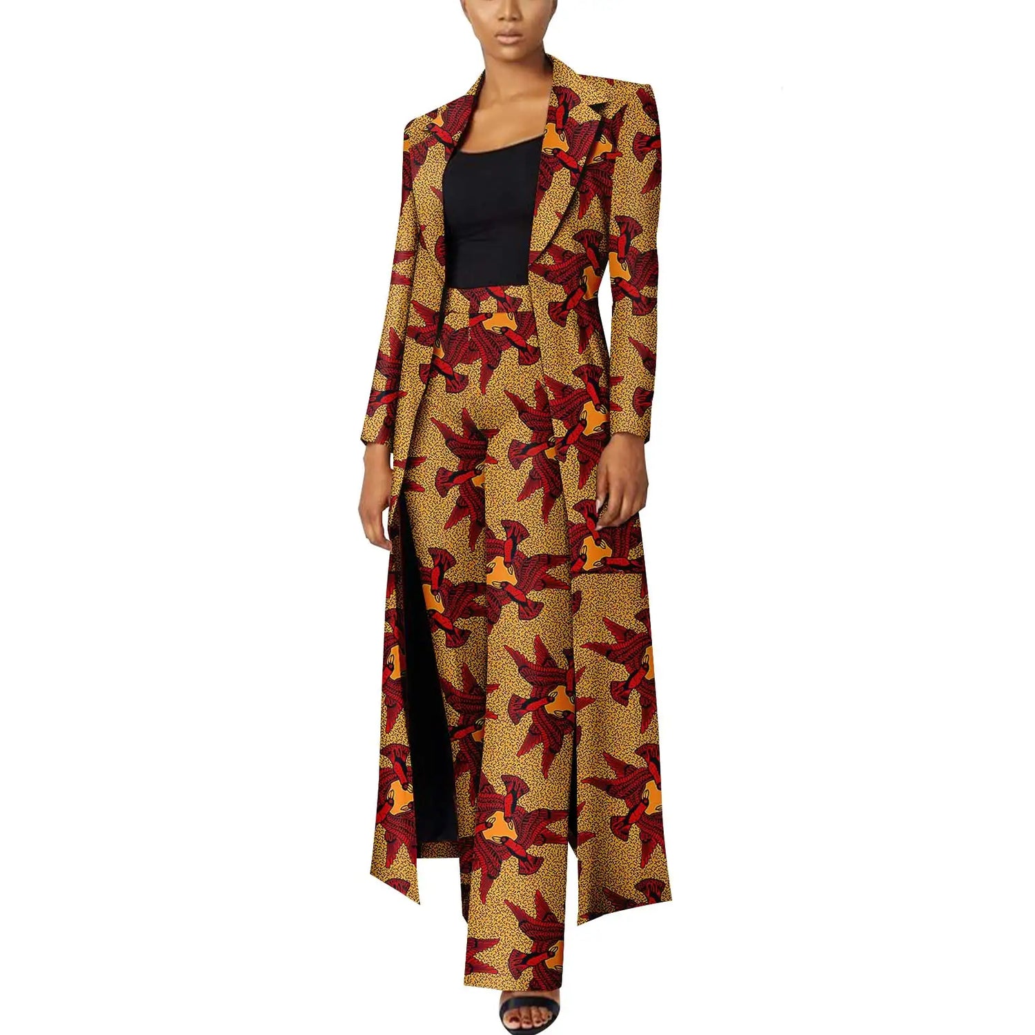 Elegant African Print Two-Piece Suit: Long Tailored Jacket &amp; Wide Leg Pants - Ankara