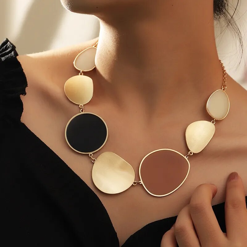 Golden Big Wafer Pendant Choker Necklaces for Women