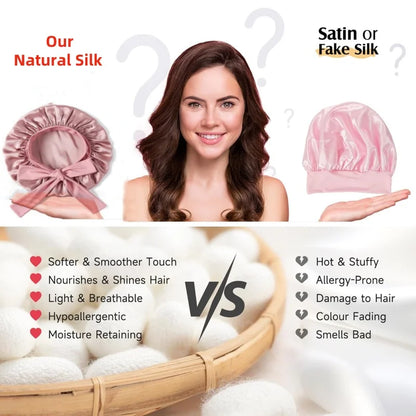 Comparison chart of Luxe Silk Bonnet vs fake silk, showing benefits like breathability, softness, and moisture retention for optimal hair care.