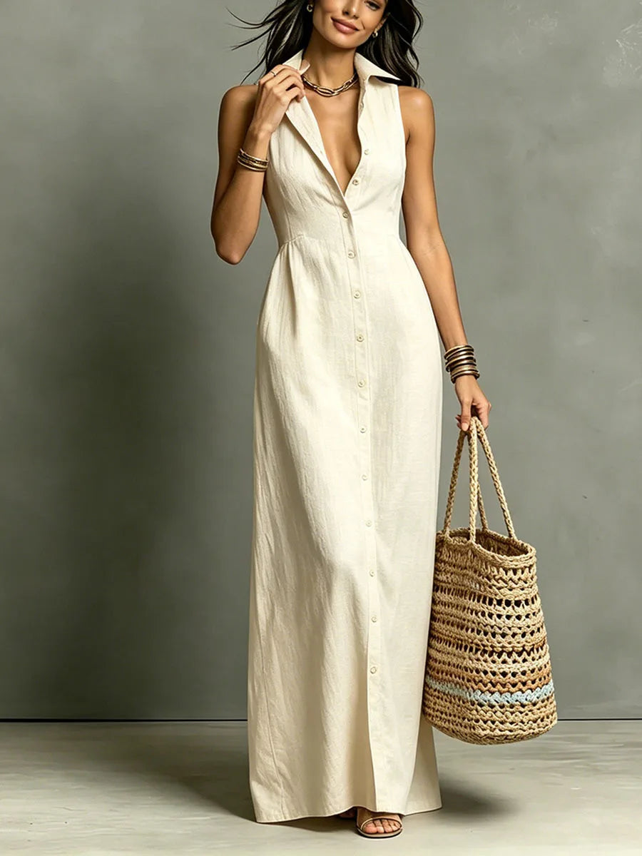 Fashion V-neck Maxi Dress Single Breasted Sleeveless
