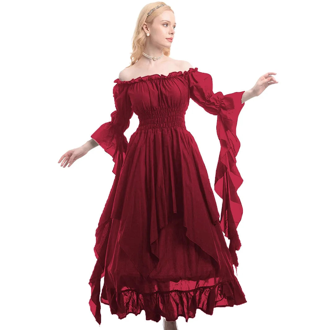 Medieval Halloween Cosplay Renaissance Dress, Court Style Waist Cinching Long Dress