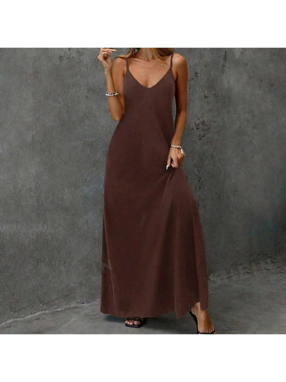 Casual and elegant loose solid color backless camisole V-neck sleeveless maxi dress