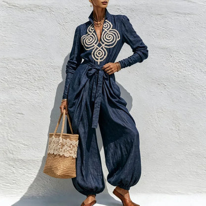 Boho Chic Embroidered Linen-Feel Polyester Jumpsuit – Multi-Wear Magic Statement Set