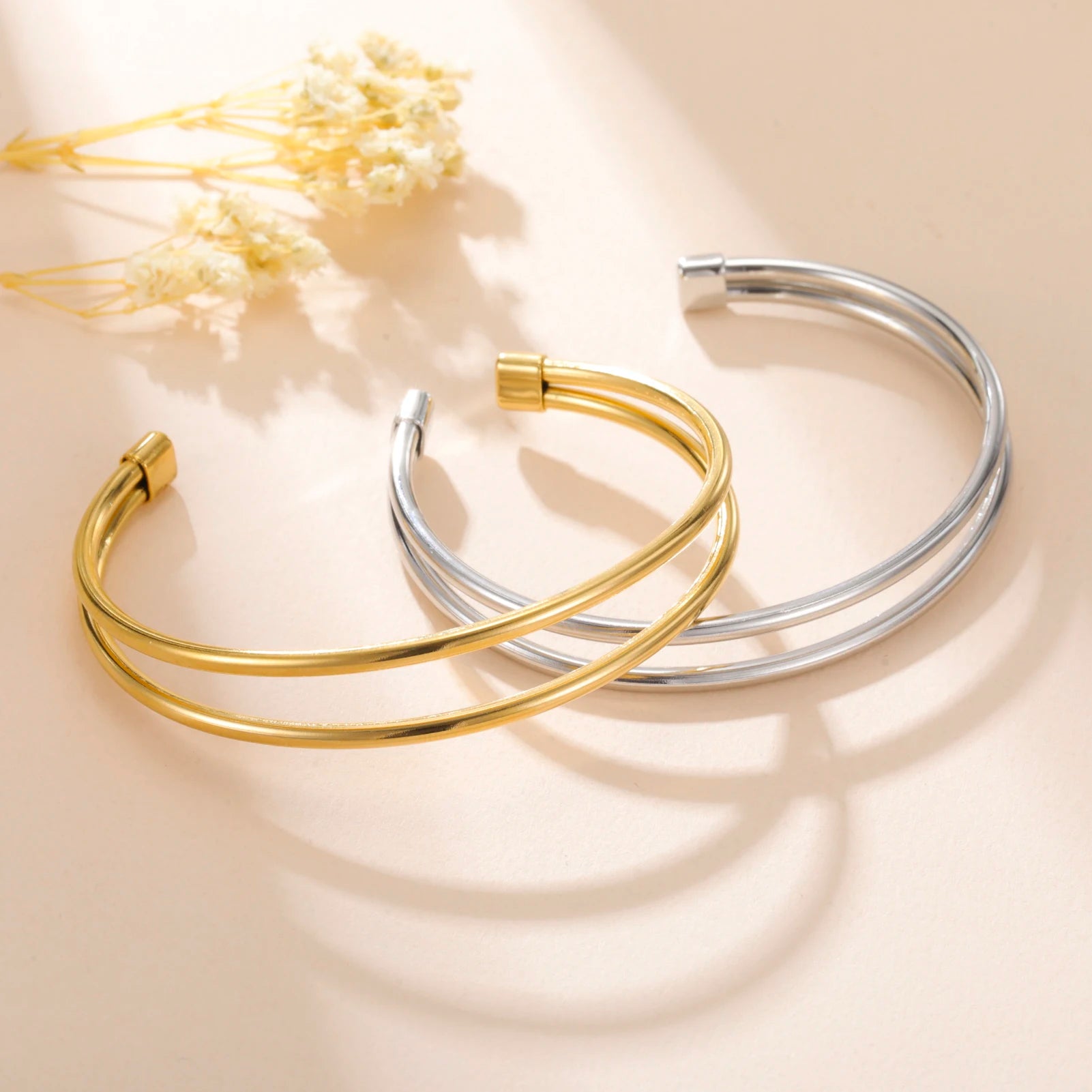 Gold Multi-Layer Wire Hair Cuff — 18K Gold Plated Hammered Stainless Steel Open Bangle