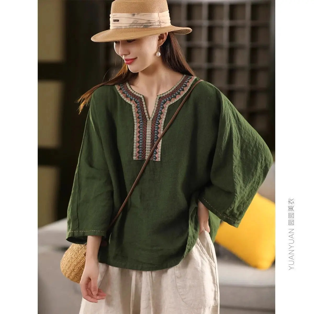 Embroidered Cotton Linen Pullover Top for Effortless Style
