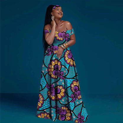 A-line African Dress Off Shoulder Sleeveless Gown with Headwrap