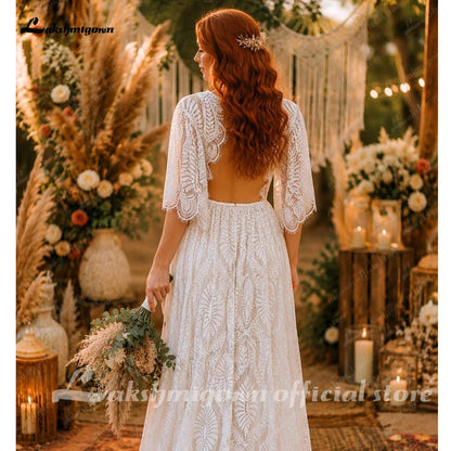 High Neck Flare Sleeves Boho Lace Plus Size Wedding Dress Bohemian