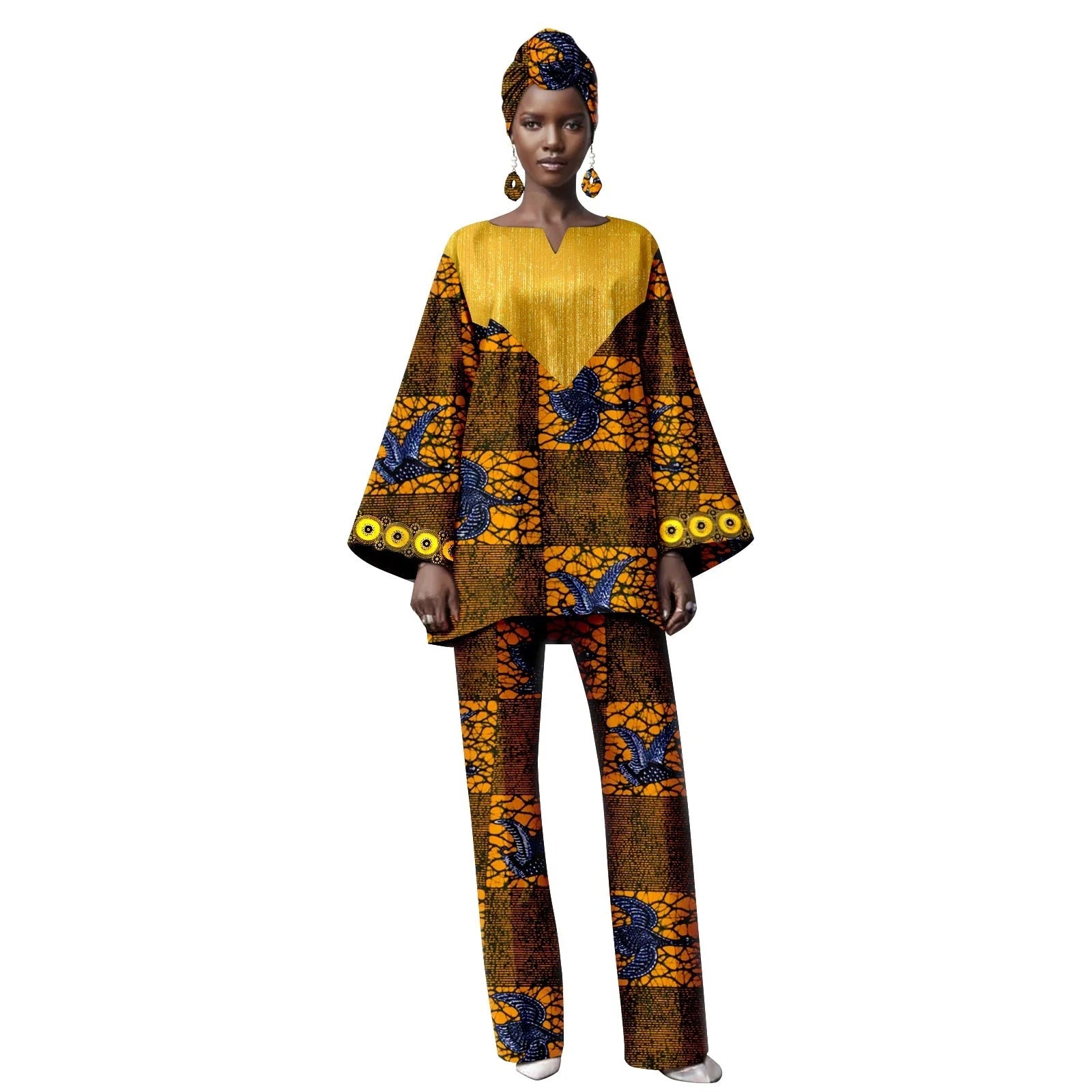 Woman wearing a patterned outfit with &