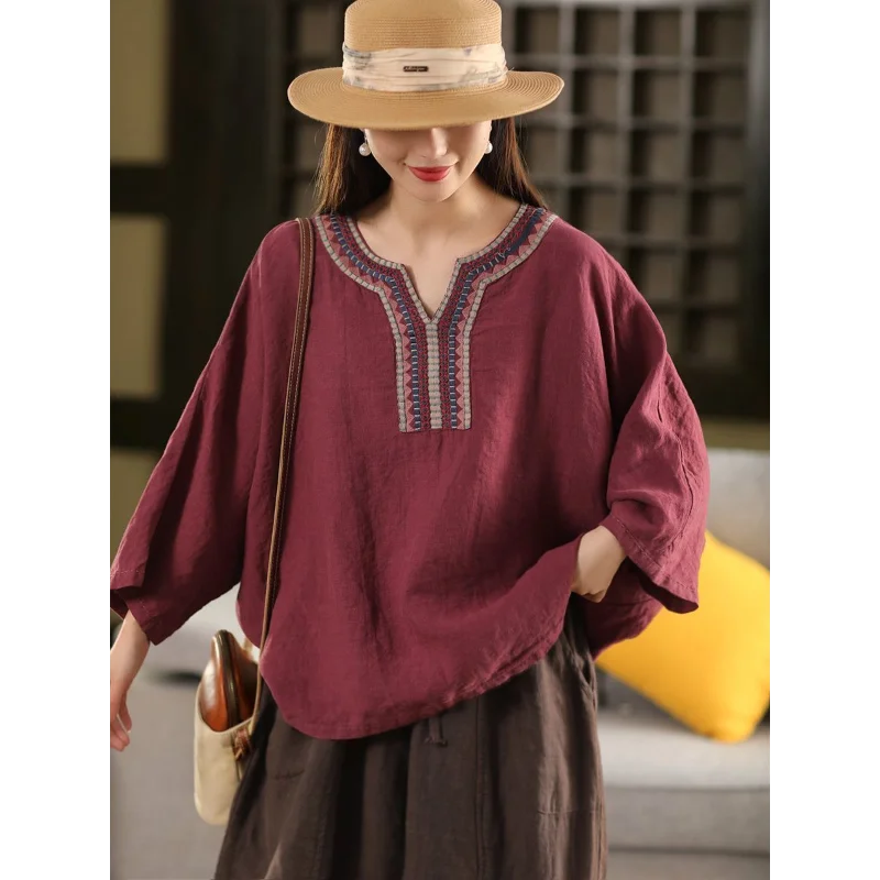 Embroidered Cotton Linen Pullover Top for Effortless Style