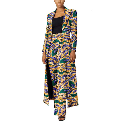 Elegant African Print Two-Piece Suit: Long Tailored Jacket &amp; Wide Leg Pants - Ankara
