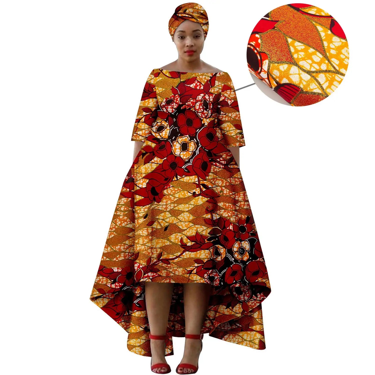 Elegant Dashiki Print High-Low Dress with Turban