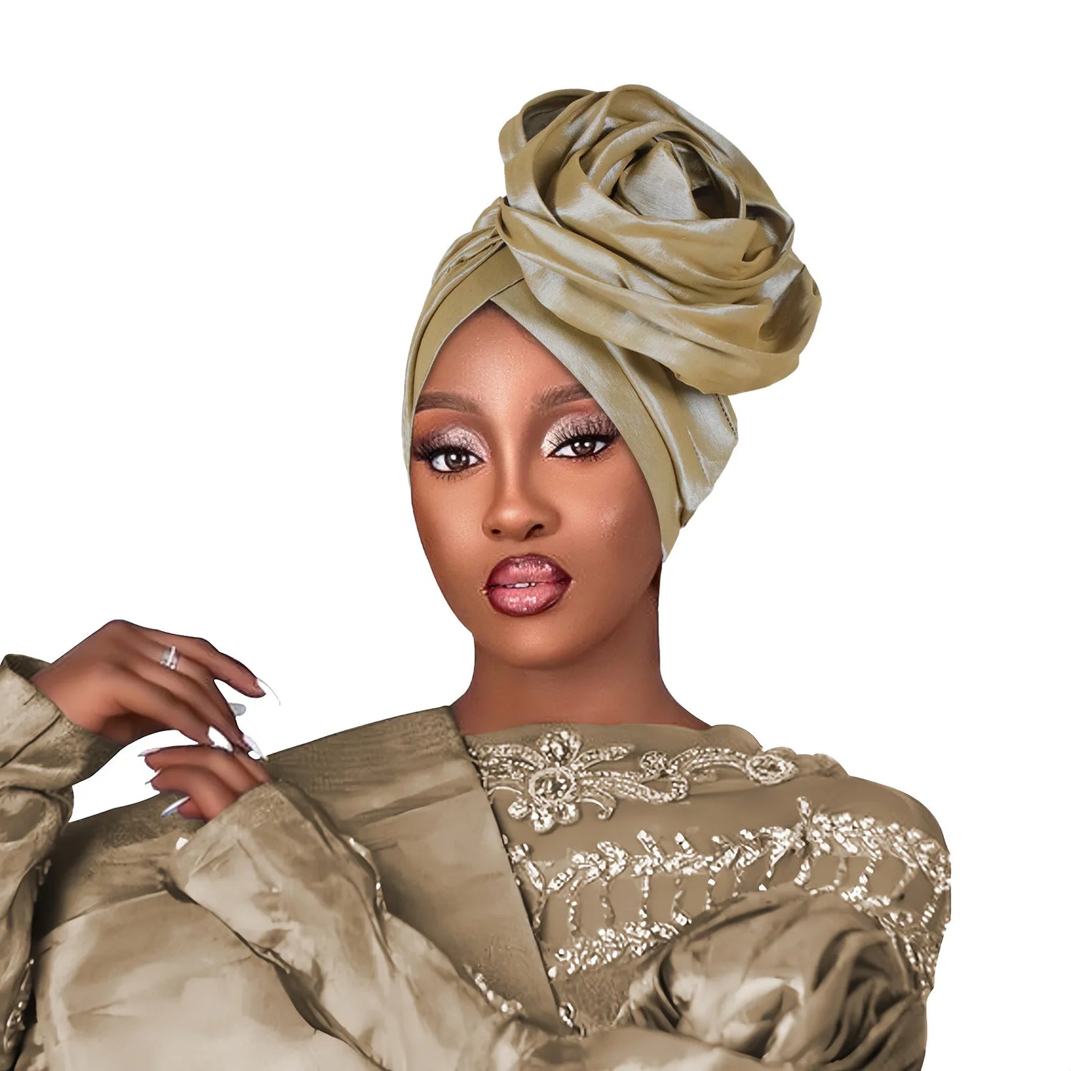 Woman wearing a beige headscarf and traditional outfit on a white background
