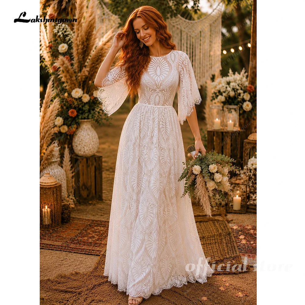 High Neck Flare Sleeves Boho Lace Plus Size Wedding Dress Bohemian
