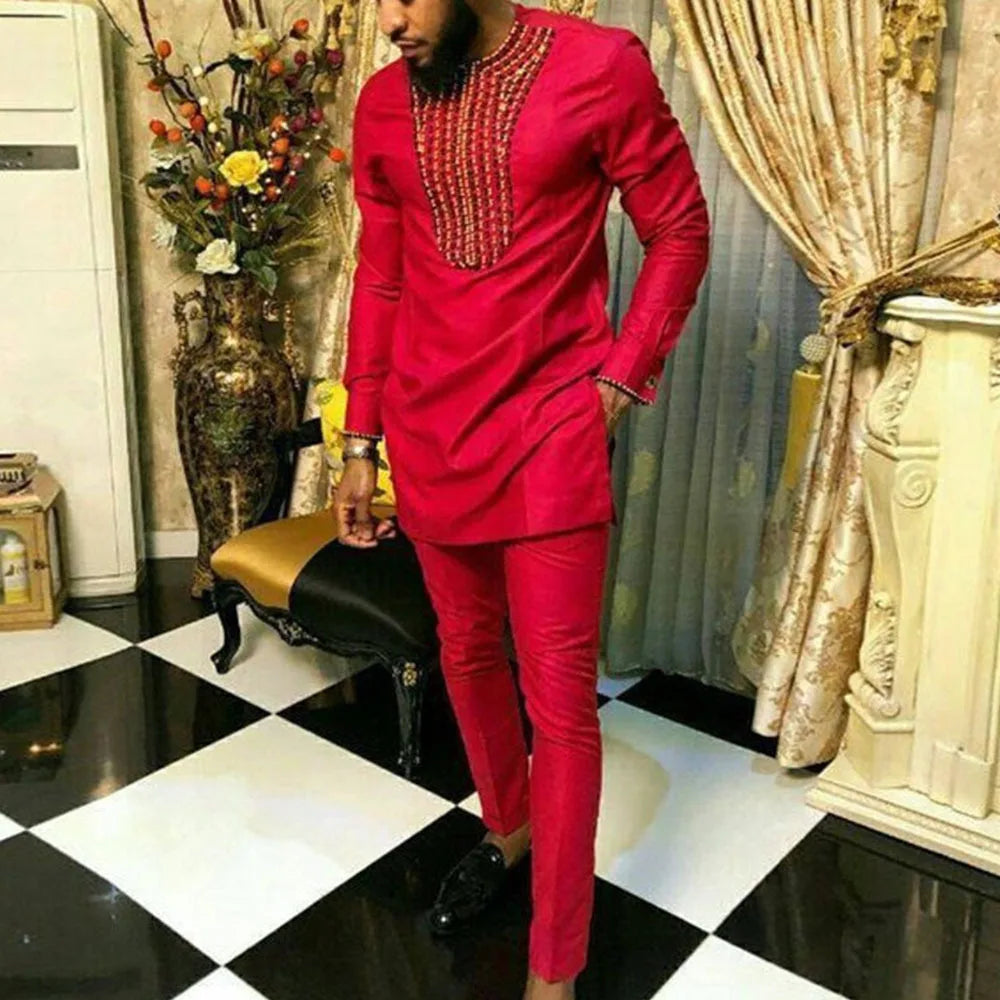 African Two-Piece Suit For Men Red O-Neck with Ethnic Broderie