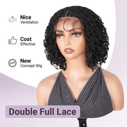 Black double full lace wig on a mannequin head with text highlighting features.