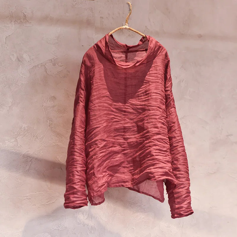 Sheer Crinkled Long-Sleeve Draped Top for Luxe Style