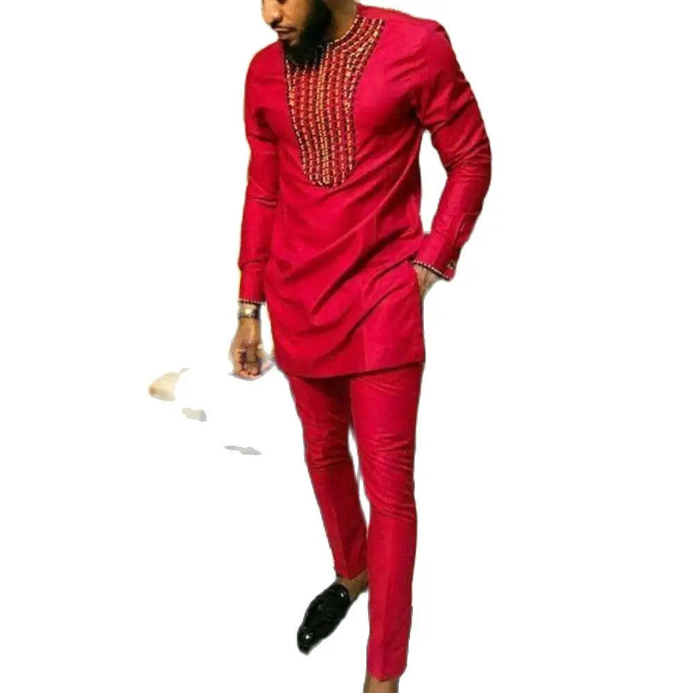 African Two-Piece Suit For Men Red O-Neck with Ethnic Broderie 