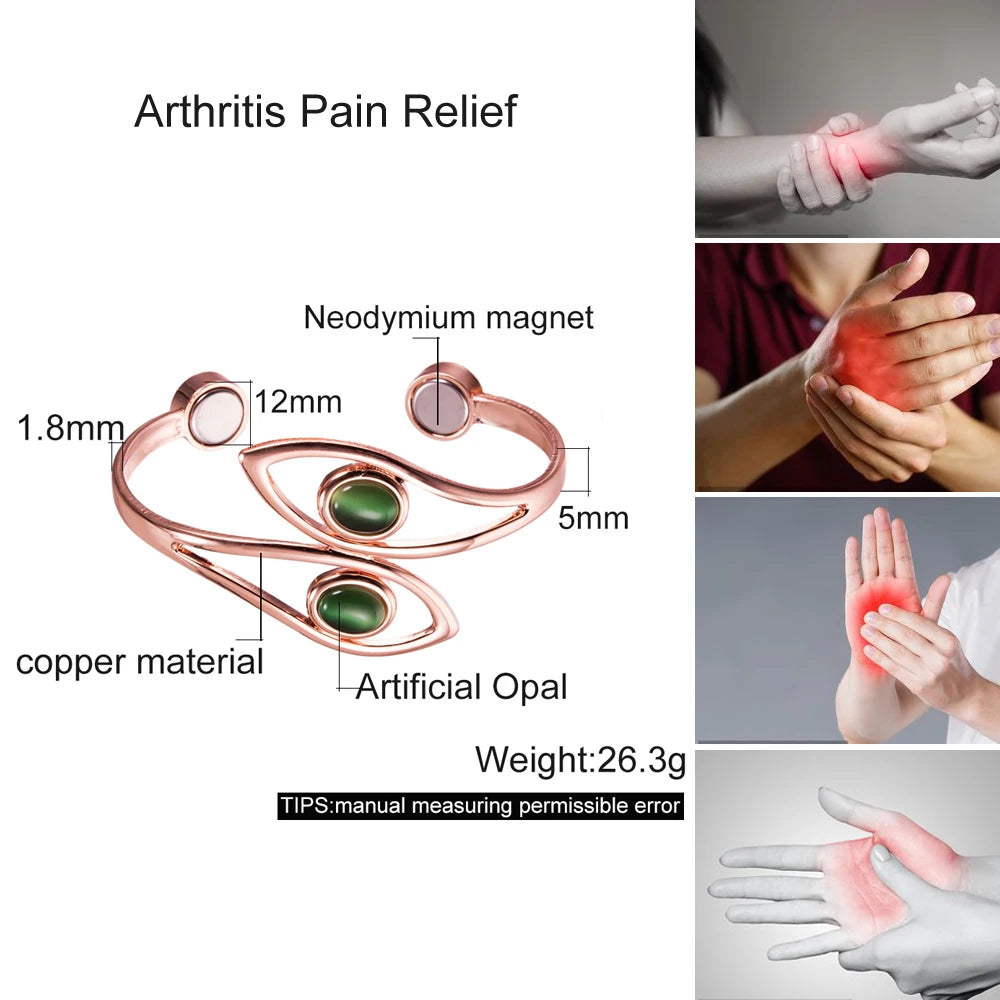 An informational product graphic for an arthritis pain relief ring. The left side shows the ring with labeled dimensions and materials: 1.