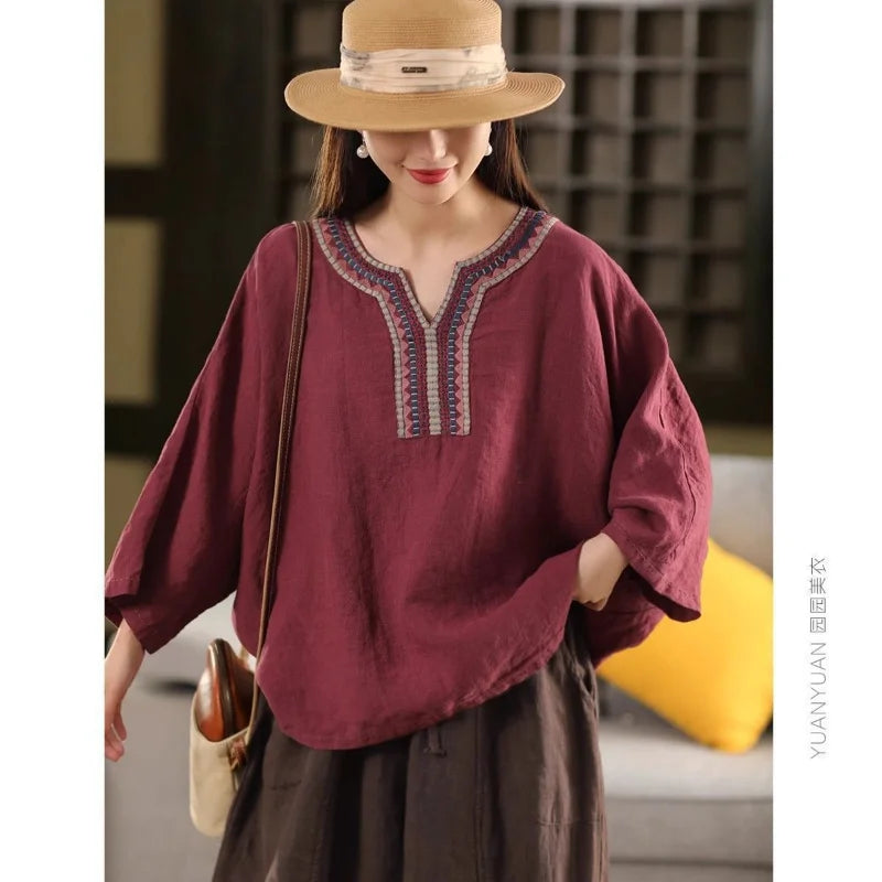 Embroidered Cotton Linen Pullover Top for Effortless Style
