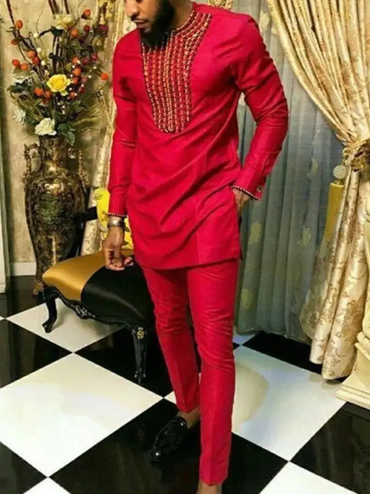 African Two-Piece Suit For Men Red O-Neck with Ethnic Broderie