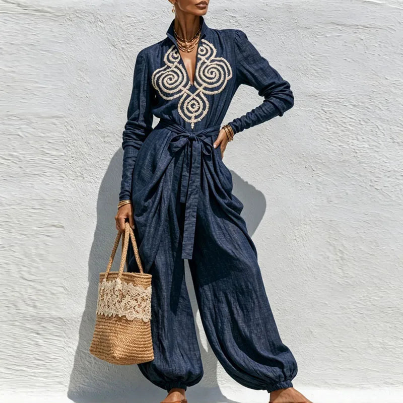 Boho Chic Embroidered Linen-Feel Polyester Jumpsuit – Multi-Wear Magic Statement Set