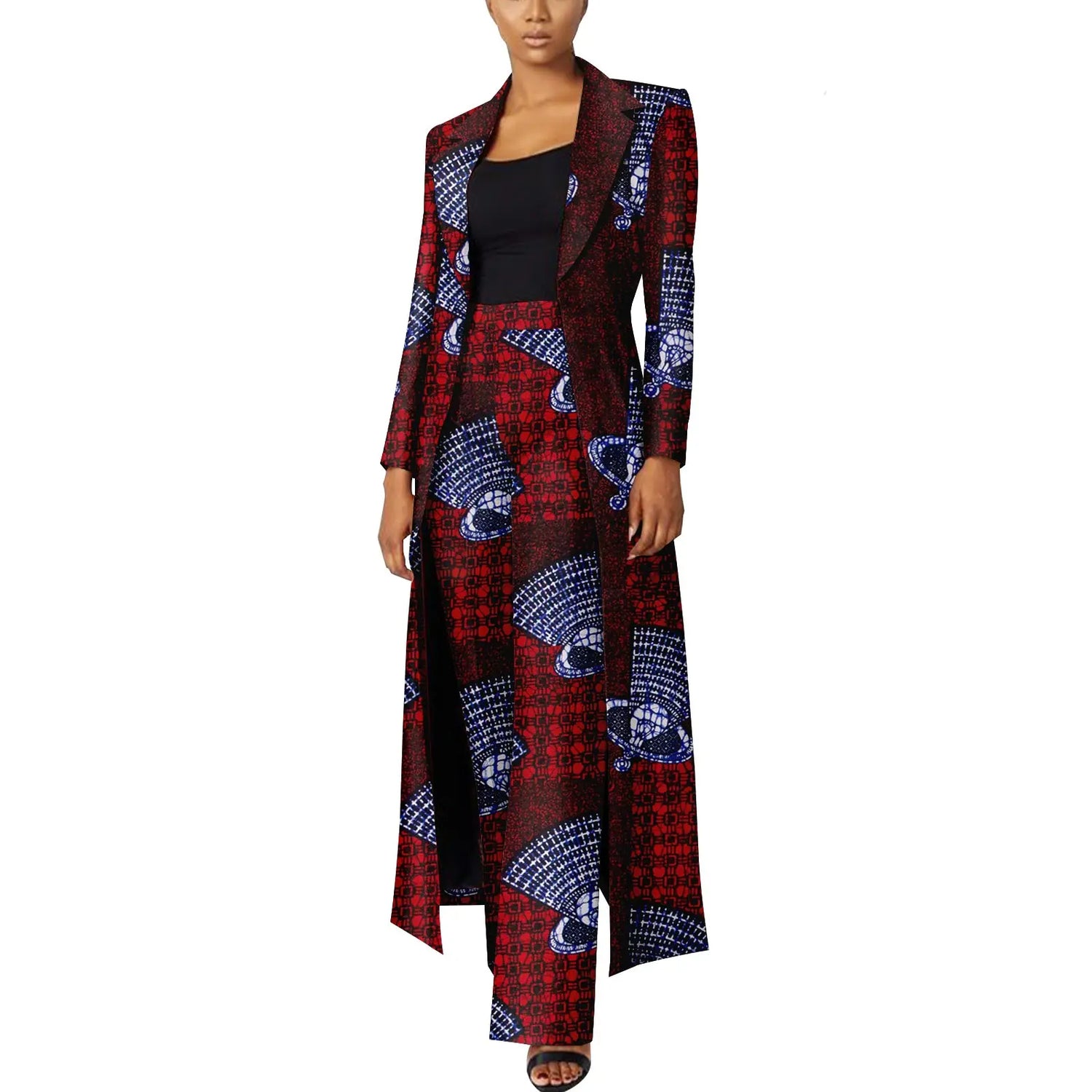 Elegant African Print Two-Piece Suit: Long Tailored Jacket &amp; Wide Leg Pants - Ankara