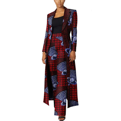 Elegant African Print Two-Piece Suit: Long Tailored Jacket &amp; Wide Leg Pants - Ankara
