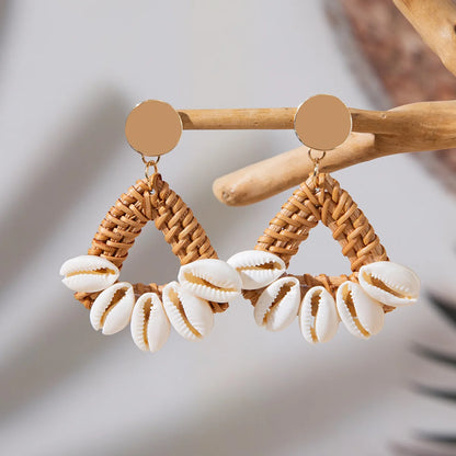 Handmade Rattan &amp; Cowrie Shell Drop Earrings | Boho Beach Statement Jewelry | Natural Woven Wicker Dangle Earrings with Wood Beads