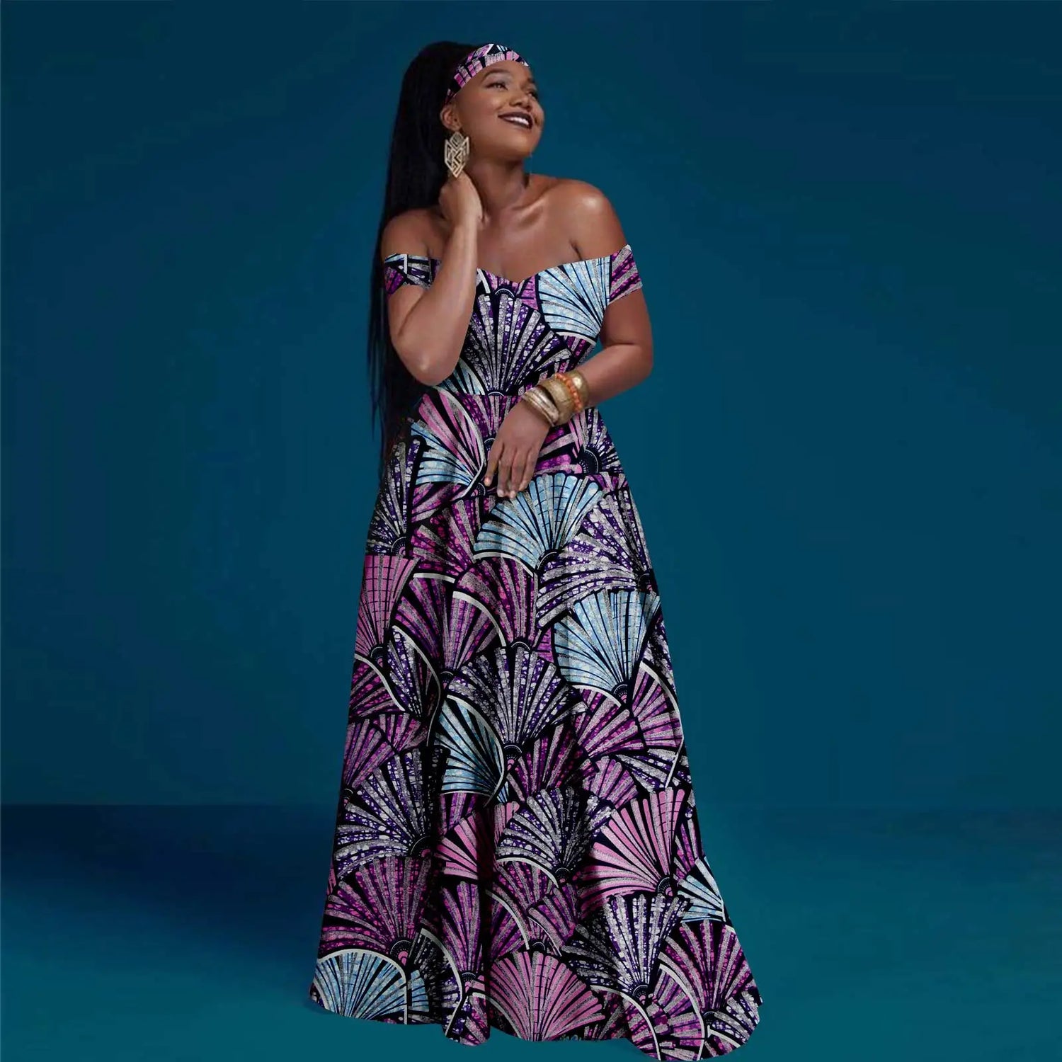 A-line African Dress Off Shoulder Sleeveless Gown with Headwrap