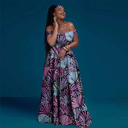 A-line African Dress Off Shoulder Sleeveless Gown with Headwrap