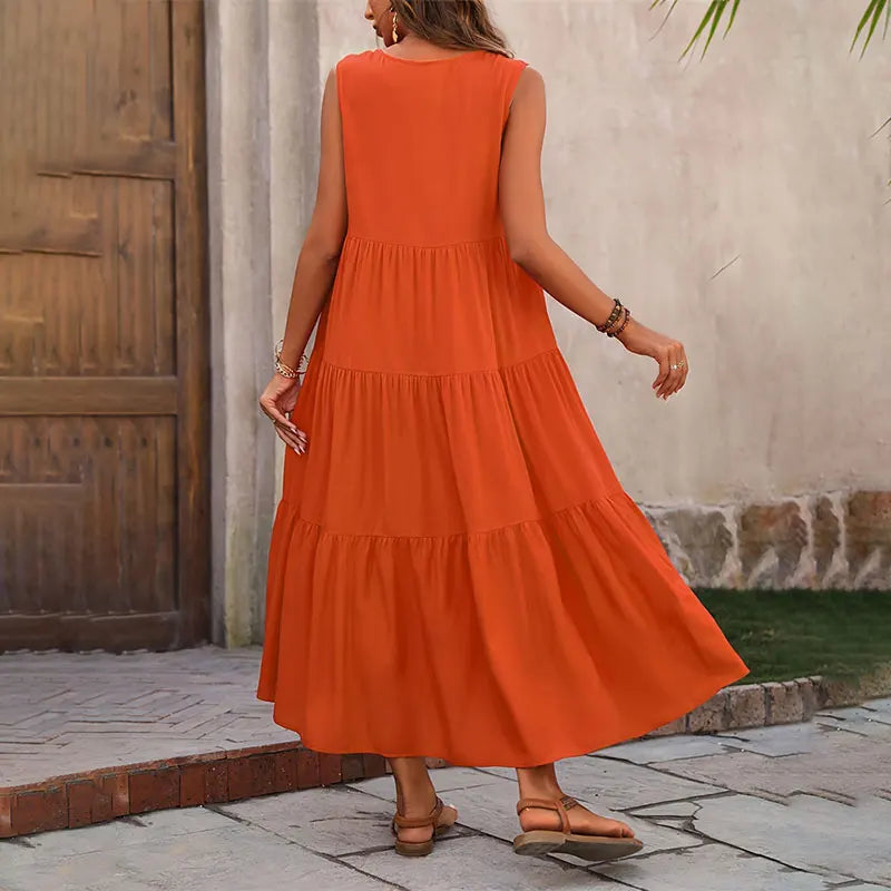 Women’s Summer V-Neck Tiered Maxi Dress - Sleeveless Boho Sundress in 5 Colors