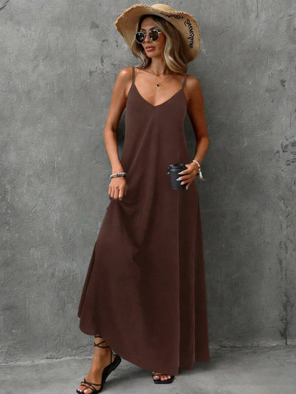 Casual and elegant loose solid color backless camisole V-neck sleeveless maxi dress