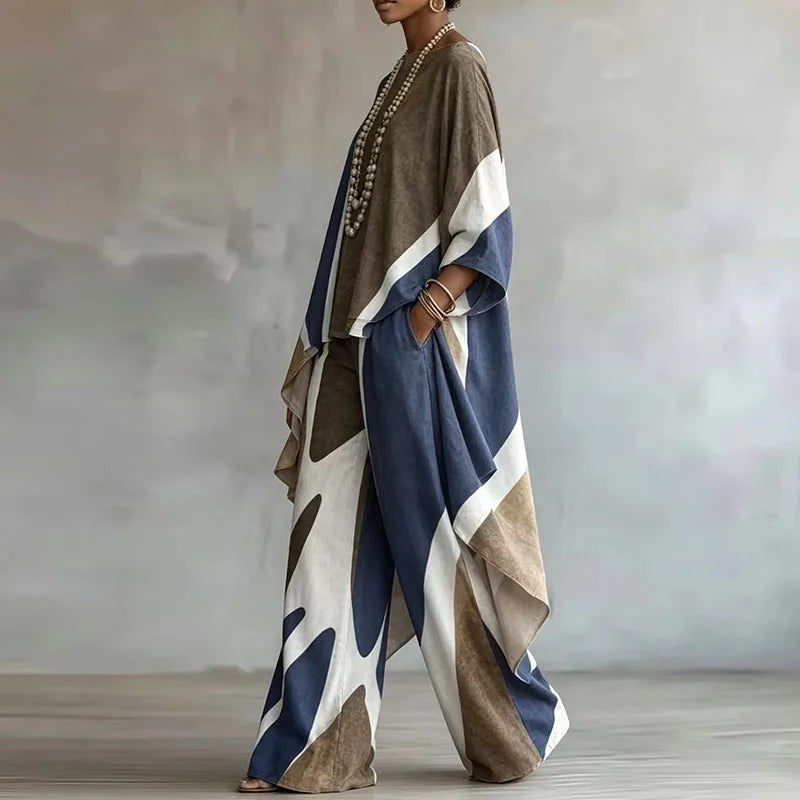 Women Abstract Print 2 Piece Matching Set Tank Top  Asymmetric Wide Leg Pants Suit Timeless Bohemian
