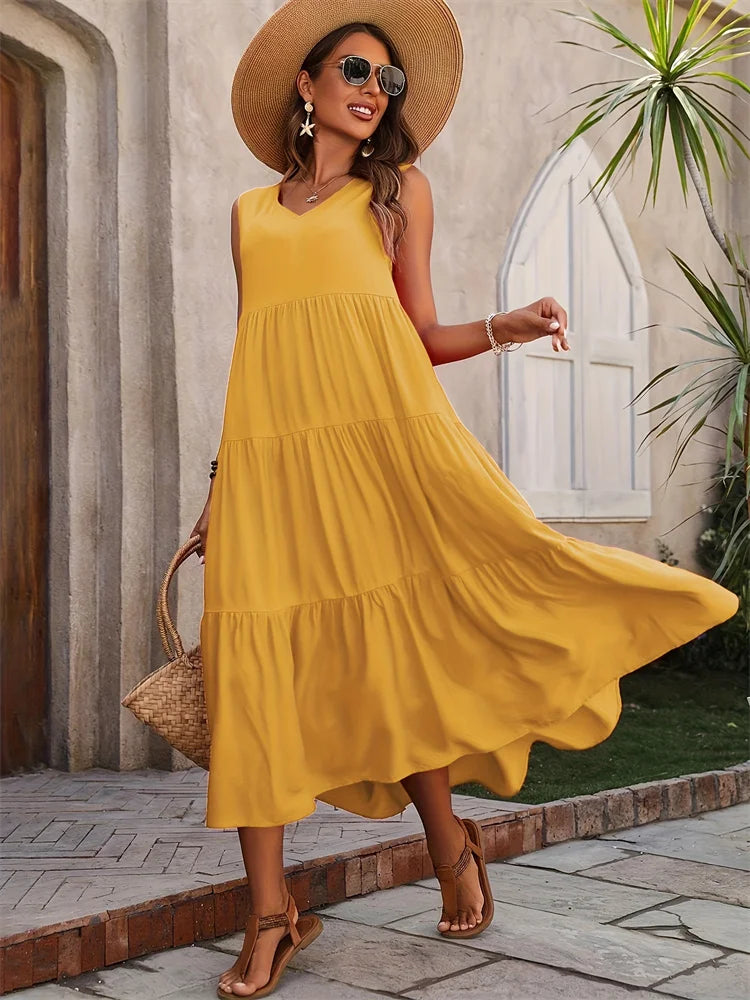 Women’s Summer V-Neck Tiered Maxi Dress - Sleeveless Boho Sundress in 5 Colors