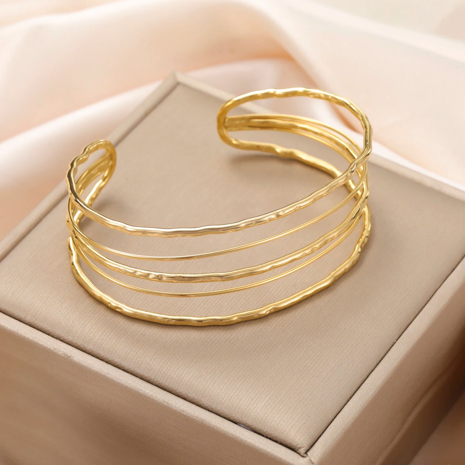 Gold Multi-Layer Wire Hair Cuff — 18K Gold Plated Hammered Stainless Steel Open Bangle