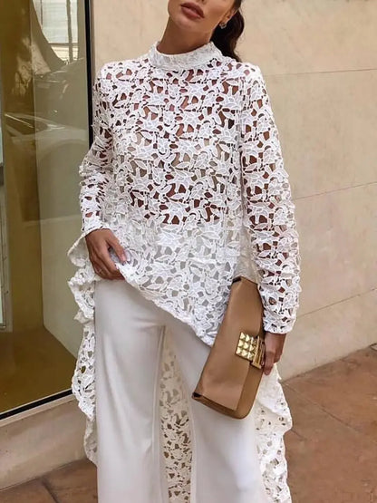 White Lace Long Sleeve Tops for Women - Stylish Blouse