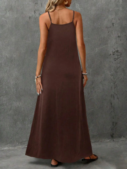 Casual and elegant loose solid color backless camisole V-neck sleeveless maxi dress