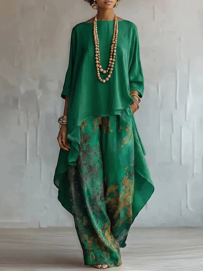 Asymemtric Vintage Printed Two-Piece Set O-Neck - Outfit for Women