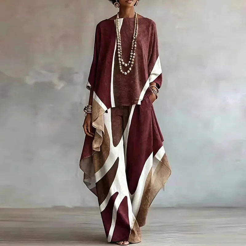 Women Abstract Print 2 Piece Matching Set Tank Top  Asymmetric Wide Leg Pants Suit Timeless Bohemian