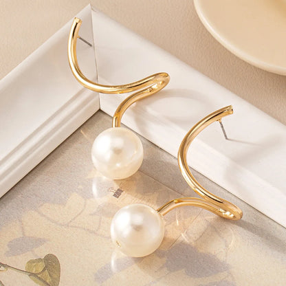 Curved Gold Arc Pearl Drop Earrings