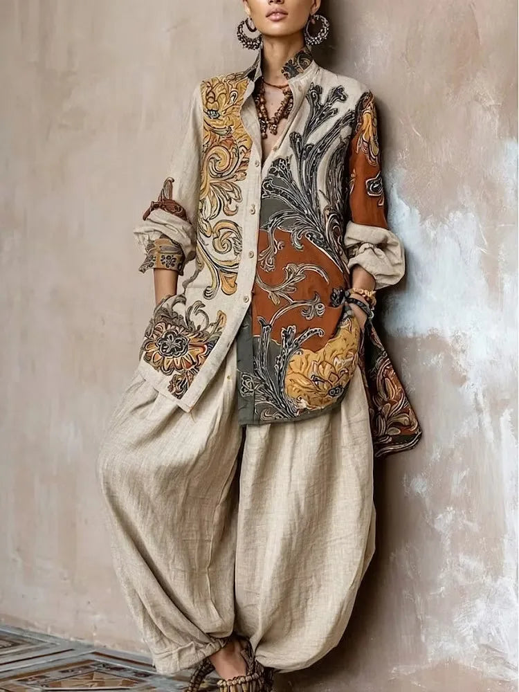 Pantset Outfit Long Sleeve Cotton/Linen Vintage Print with Loose Wide-leg Pants