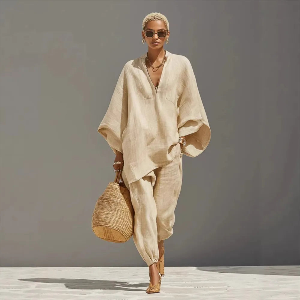 Women’s 2-Piece Linen Blend Lounge Set - Oversized Batwing Tunic &amp; Tapered Joggers