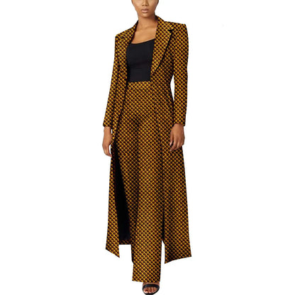 Elegant African Print Two-Piece Suit: Long Tailored Jacket &amp; Wide Leg Pants - Ankara