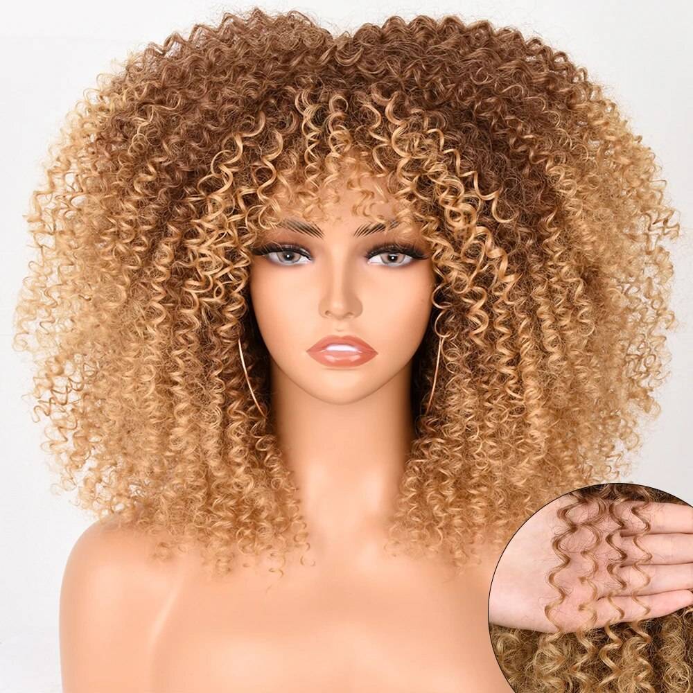 Afro Kinky Curly Wig With Bangs For Black Women 16&